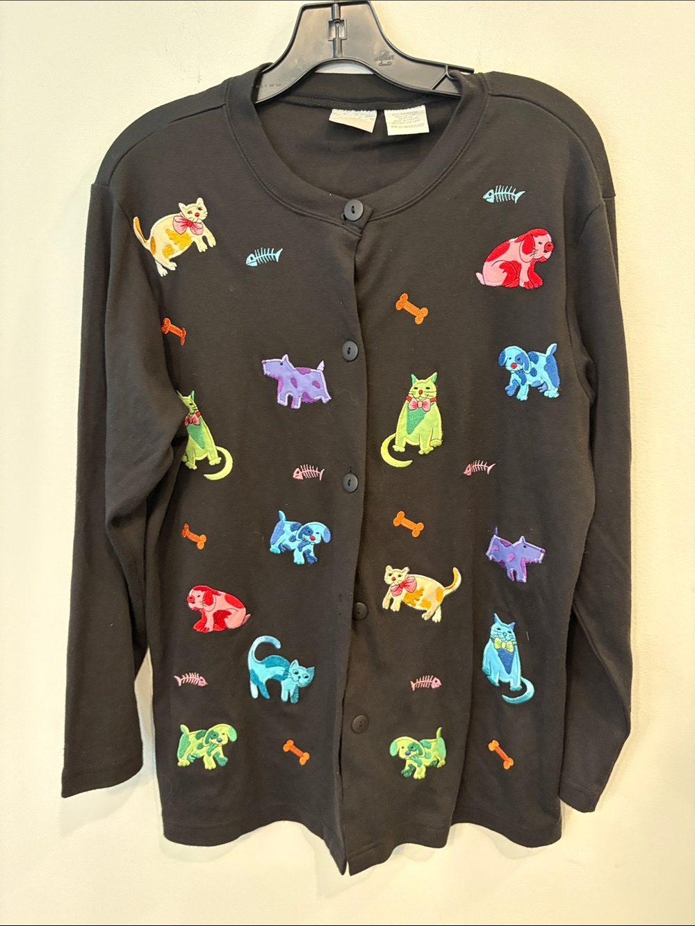 Adorable quirky dog and cat embroidered patchwork cardigan